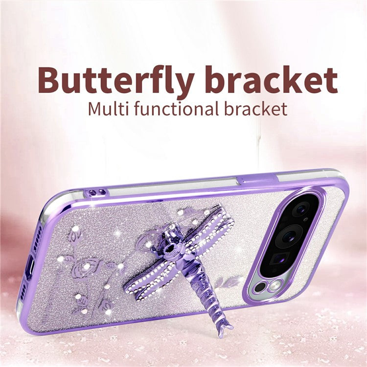 KADEM For Google Pixel 9 Pro XL Case Dragonfly Kickstand TPU Flowers Glitter Phone Cover - Pink