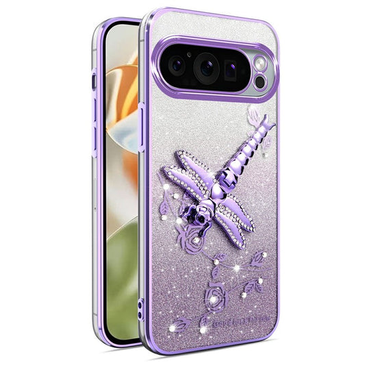 KADEM For Google Pixel 9 Pro XL Case Dragonfly Kickstand TPU Flowers Glitter Phone Cover - Purple