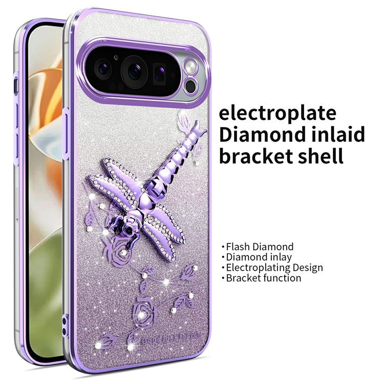 KADEM For Google Pixel 9 Pro XL Case Dragonfly Kickstand TPU Flowers Glitter Phone Cover - Purple