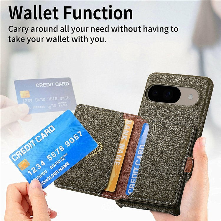 Y4 For Google Pixel 9 Pro  /  Pixel 9 Case Zipper Pocket Leather Phone Back Cover Card Holder Kickstand - Army Green