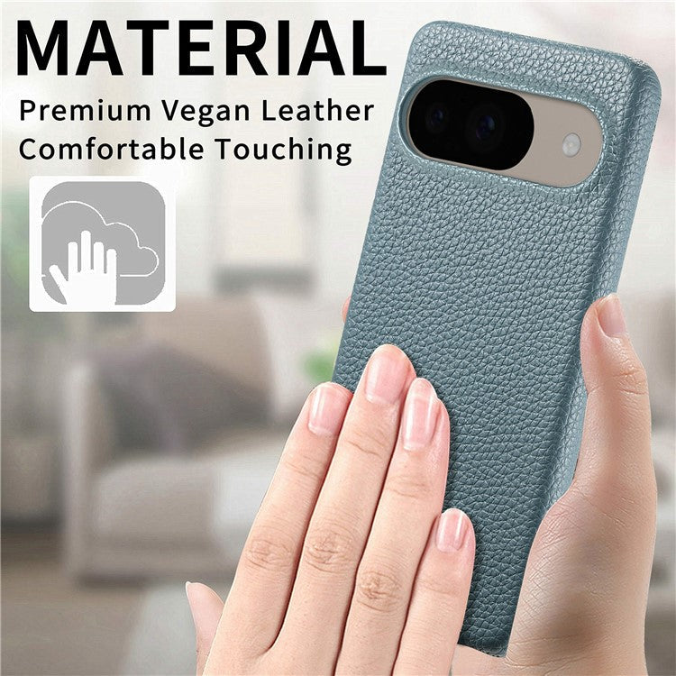 For Google Pixel 9 Pro  /  Pixel 9 Back Case Litchi Texture PU Leather PC Hard Cover - Blue