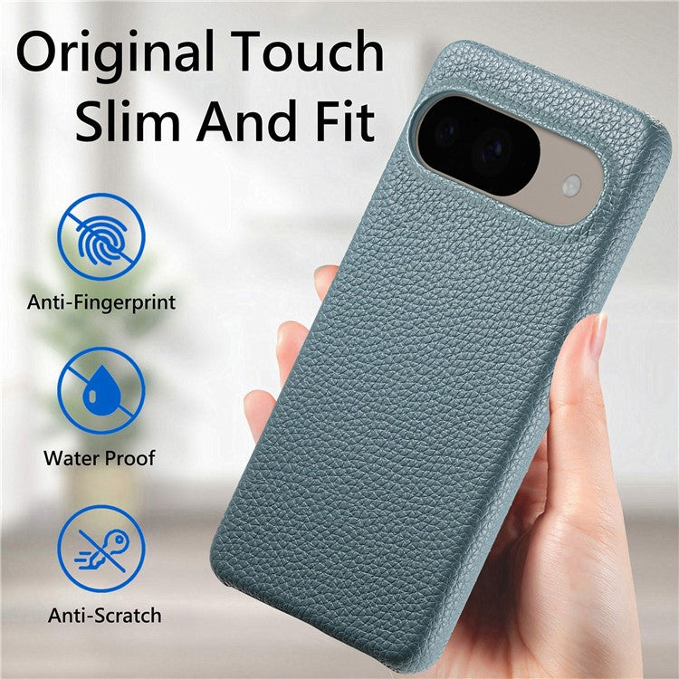 For Google Pixel 9 Pro  /  Pixel 9 Back Case Litchi Texture PU Leather PC Hard Cover - Blue