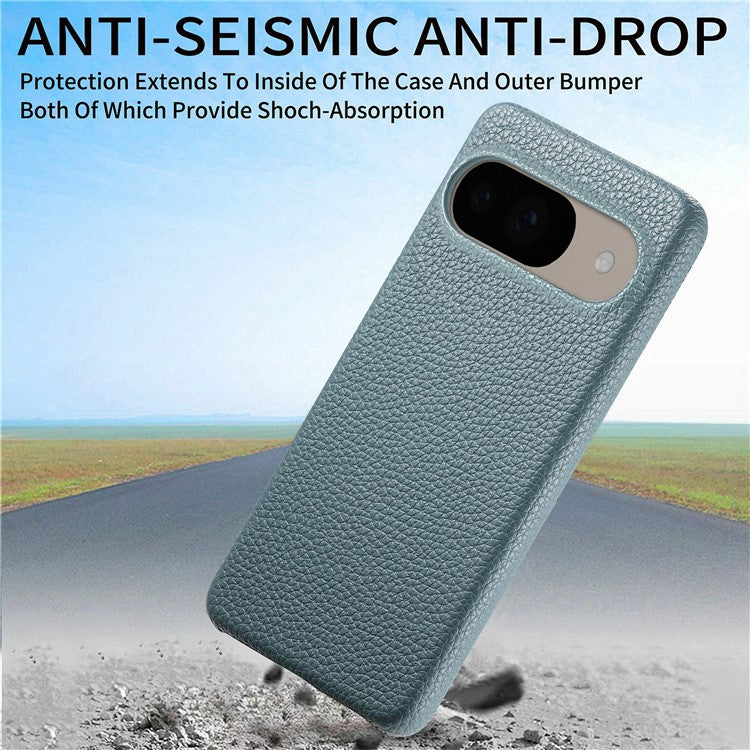 For Google Pixel 9 Pro  /  Pixel 9 Back Case Litchi Texture PU Leather PC Hard Cover - Blue