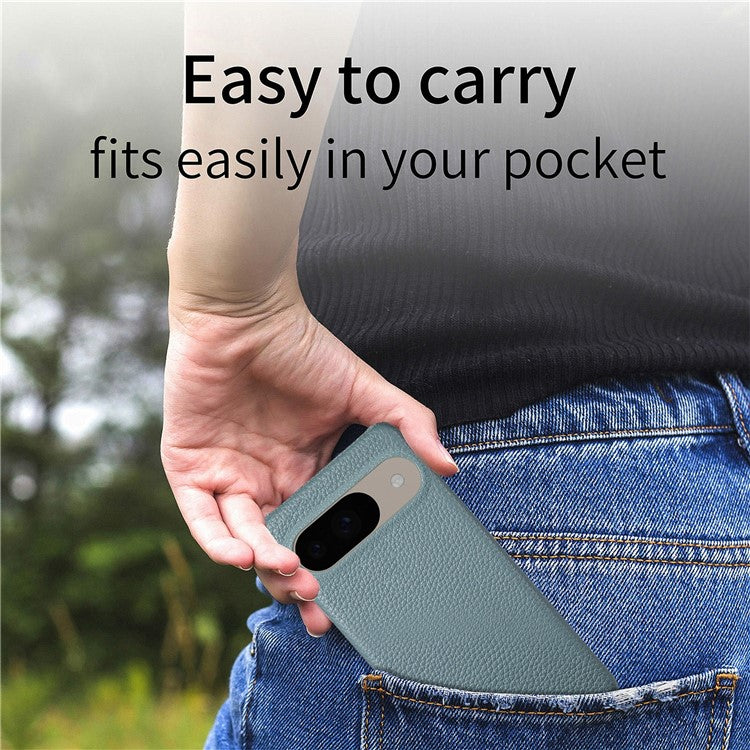 For Google Pixel 9 Pro  /  Pixel 9 Back Case Litchi Texture PU Leather PC Hard Cover - Blue