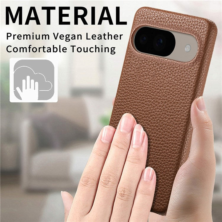 For Google Pixel 9 Pro  /  Pixel 9 Back Case Litchi Texture PU Leather PC Hard Cover - Brown
