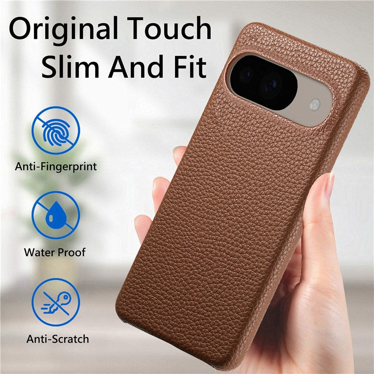 For Google Pixel 9 Pro  /  Pixel 9 Back Case Litchi Texture PU Leather PC Hard Cover - Brown