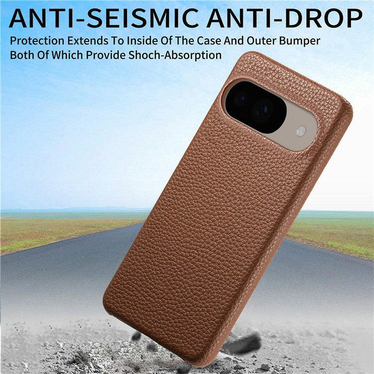 For Google Pixel 9 Pro  /  Pixel 9 Back Case Litchi Texture PU Leather PC Hard Cover - Brown