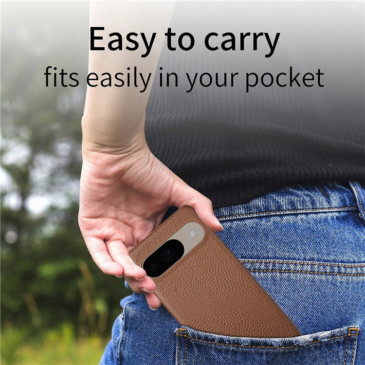 For Google Pixel 9 Pro  /  Pixel 9 Back Case Litchi Texture PU Leather PC Hard Cover - Brown