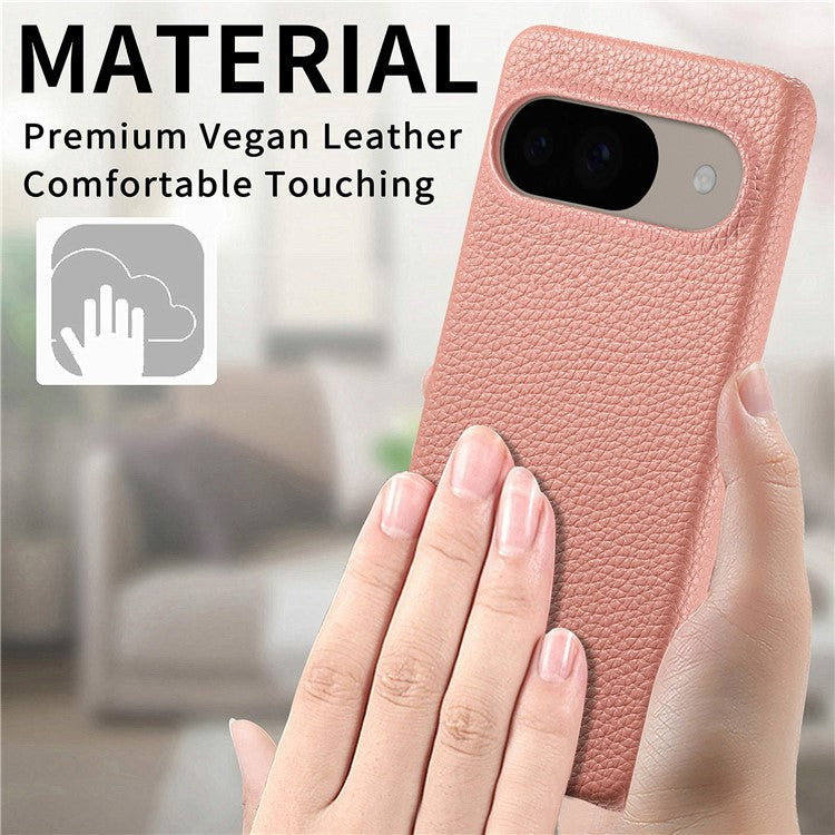 For Google Pixel 9 Pro  /  Pixel 9 Back Case Litchi Texture PU Leather PC Hard Cover - Pink