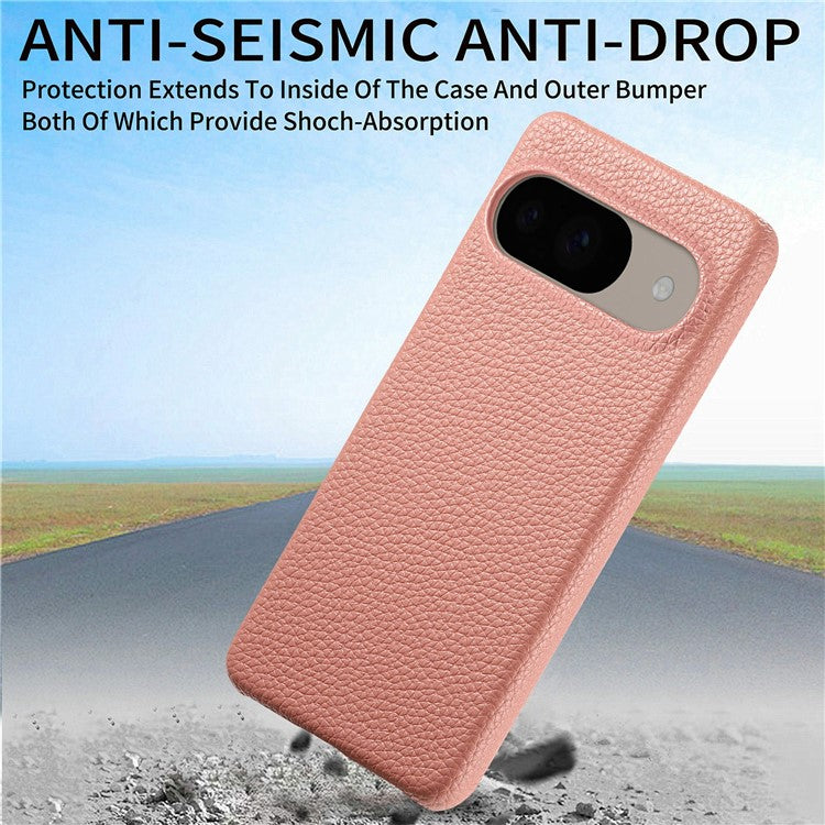 For Google Pixel 9 Pro  /  Pixel 9 Back Case Litchi Texture PU Leather PC Hard Cover - Pink
