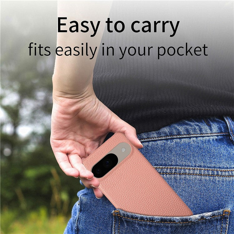 For Google Pixel 9 Pro  /  Pixel 9 Back Case Litchi Texture PU Leather PC Hard Cover - Pink