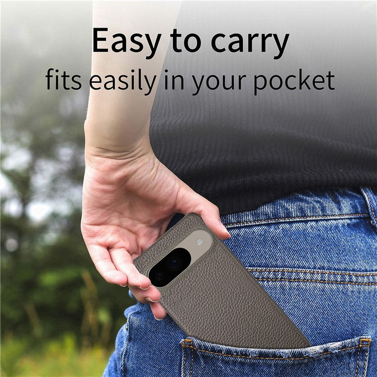 For Google Pixel 9 Pro  /  Pixel 9 Back Case Litchi Texture PU Leather PC Hard Cover - Grey