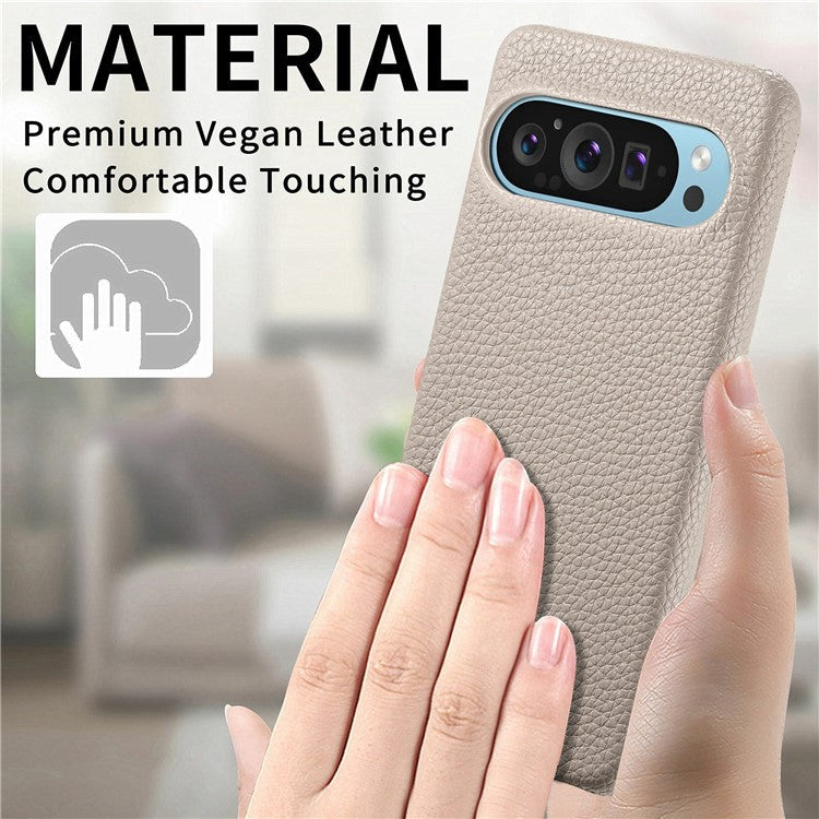 For Google Pixel 9 Pro XL Back Case Litchi Texture PU Leather PC Hard Cover - Khaki