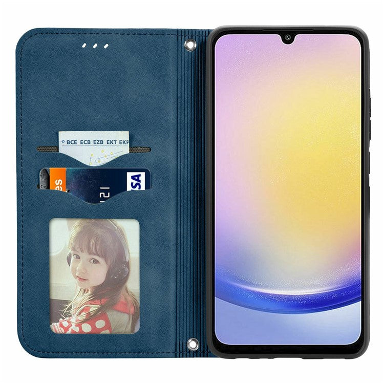 For Samsung Galaxy A25 5G (Global) (161.0 x 76.5 x 8.3mm) Case Skin Touch Feeling Card Slot Leather Phone Cover Stand Magnetic Absorption - Dark Blue