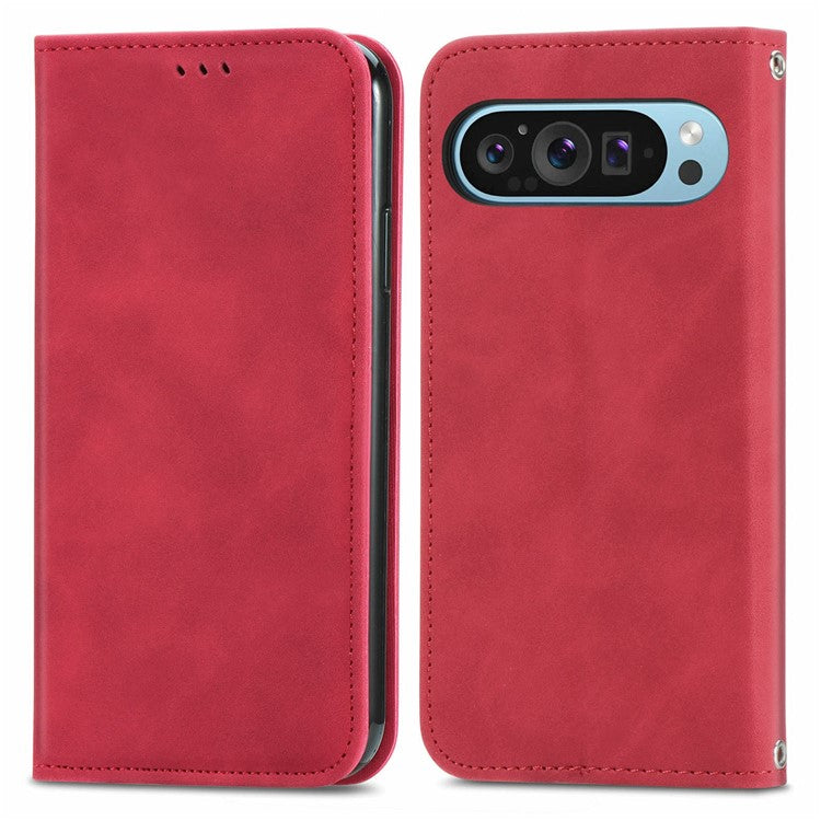 For Google Pixel 9 Pro XL Case Skin Touch Feeling Card Slot Leather Phone Cover Stand Magnetic Absorption - Red