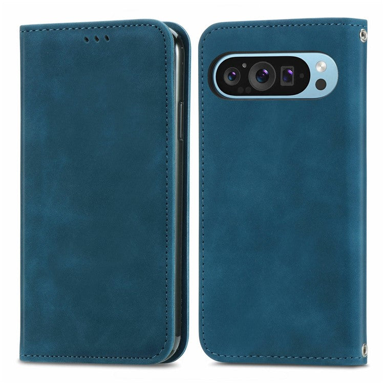 For Google Pixel 9 Pro XL Case Skin Touch Feeling Card Slot Leather Phone Cover Stand Magnetic Absorption - Dark Blue