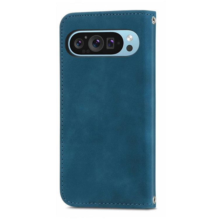 For Google Pixel 9 Pro XL Case Skin Touch Feeling Card Slot Leather Phone Cover Stand Magnetic Absorption - Dark Blue