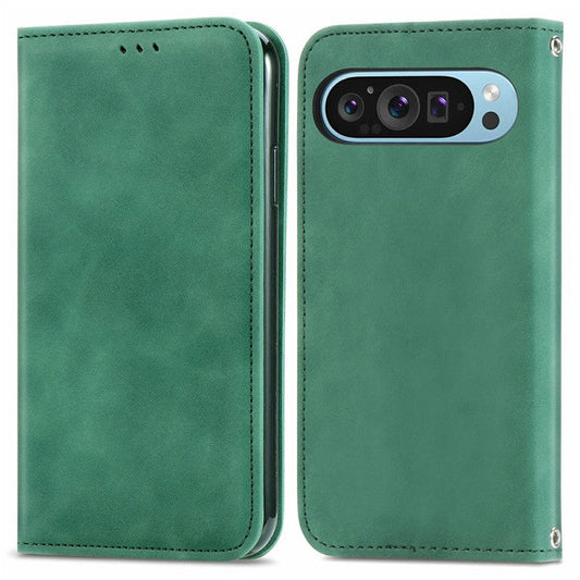 For Google Pixel 9 Pro XL Case Skin Touch Feeling Card Slot Leather Phone Cover Stand Magnetic Absorption - Green