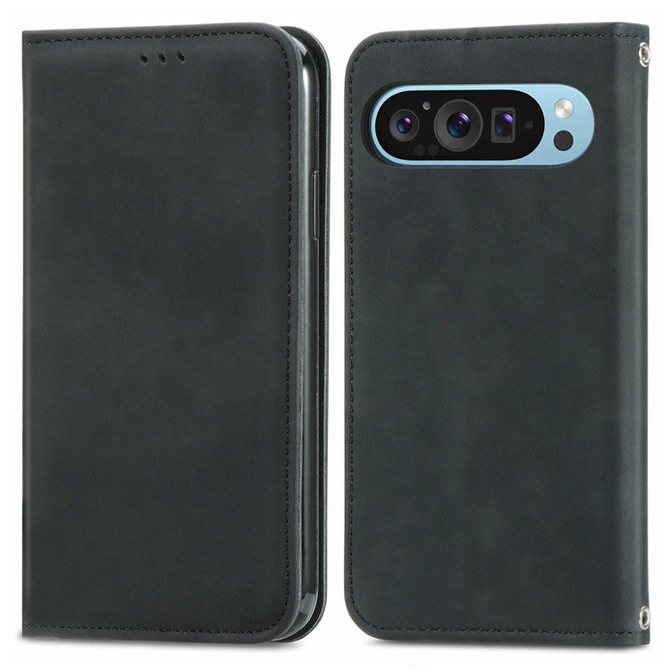 For Google Pixel 9 Pro  /  Pixel 9 Case Skin Touch Feeling Card Slot Leather Phone Cover Stand Magnetic Absorption - Black