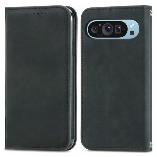 For Google Pixel 9 Pro  /  Pixel 9 Case Skin Touch Feeling Card Slot Leather Phone Cover Stand Magnetic Absorption - Black