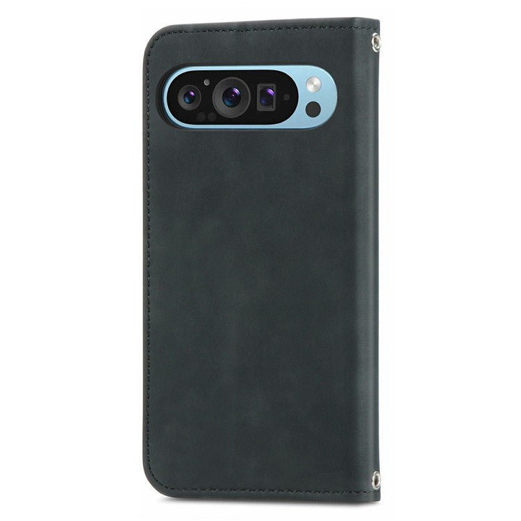 For Google Pixel 9 Pro  /  Pixel 9 Case Skin Touch Feeling Card Slot Leather Phone Cover Stand Magnetic Absorption - Black