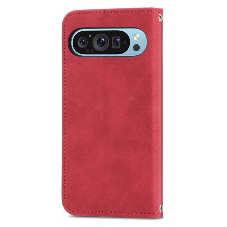 For Google Pixel 9 Pro  /  Pixel 9 Case Skin Touch Feeling Card Slot Leather Phone Cover Stand Magnetic Absorption - Red