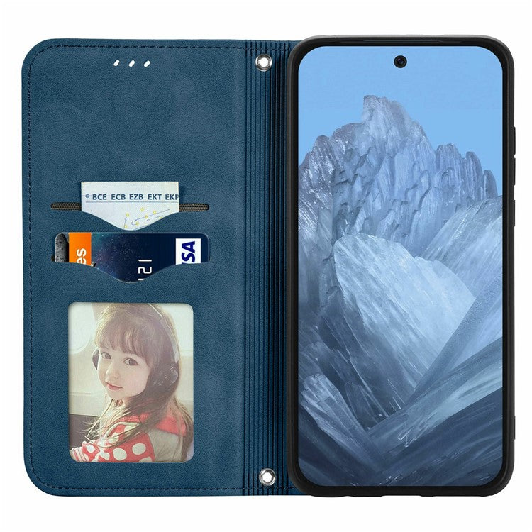 For Google Pixel 9 Pro  /  Pixel 9 Case Skin Touch Feeling Card Slot Leather Phone Cover Stand Magnetic Absorption - Dark Blue