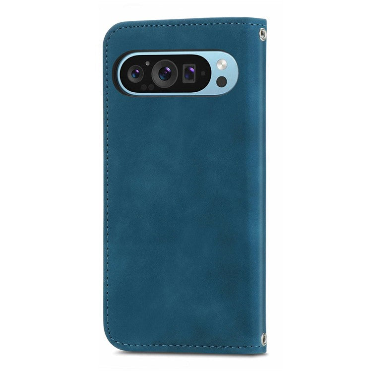 For Google Pixel 9 Pro  /  Pixel 9 Case Skin Touch Feeling Card Slot Leather Phone Cover Stand Magnetic Absorption - Dark Blue