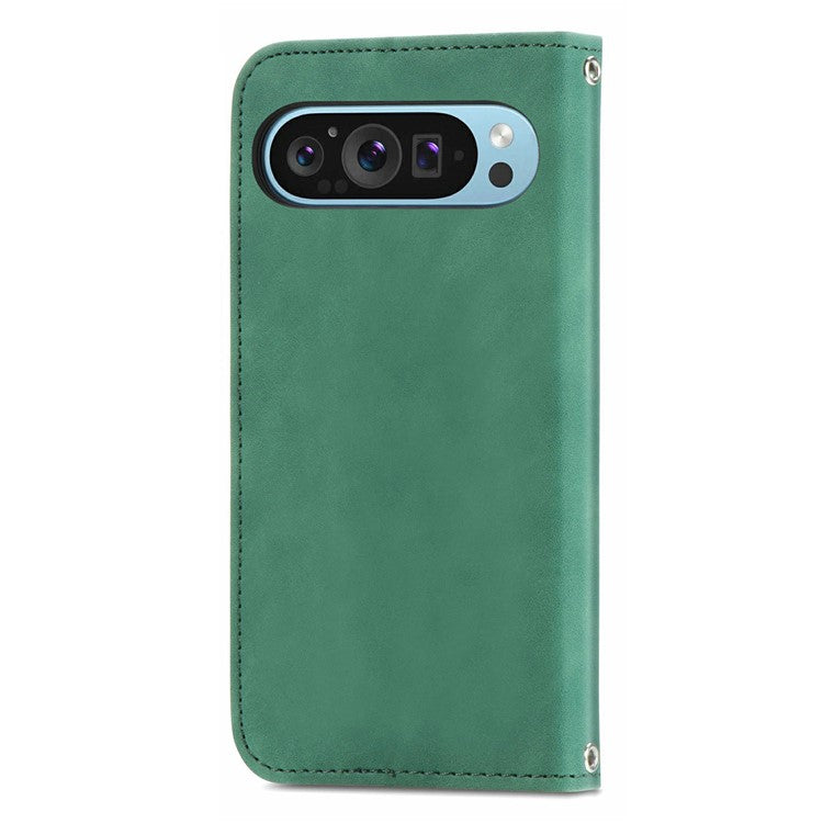 For Google Pixel 9 Pro  /  Pixel 9 Case Skin Touch Feeling Card Slot Leather Phone Cover Stand Magnetic Absorption - Green