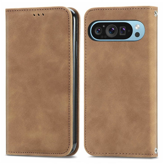 For Google Pixel 9 Pro  /  Pixel 9 Case Skin Touch Feeling Card Slot Leather Phone Cover Stand Magnetic Absorption - Brown