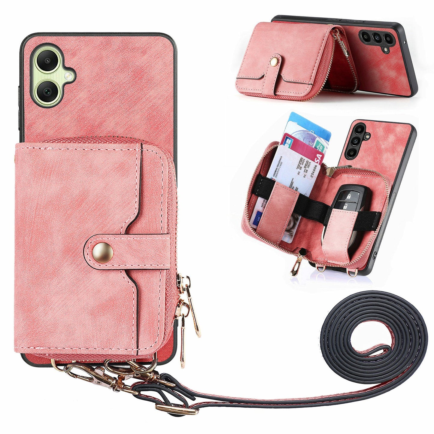 For Samsung Galaxy A06 Case Zipper Wallet Leather Phone Back Cover Kickstand with Shoulder Strap - Pink