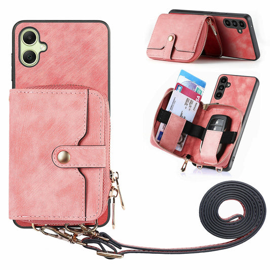 For Samsung Galaxy A06 Case Zipper Wallet Leather Phone Back Cover Kickstand with Shoulder Strap - Pink