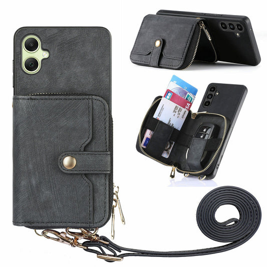 For Samsung Galaxy A06 Case Zipper Wallet Leather Phone Back Cover Kickstand with Shoulder Strap - Black