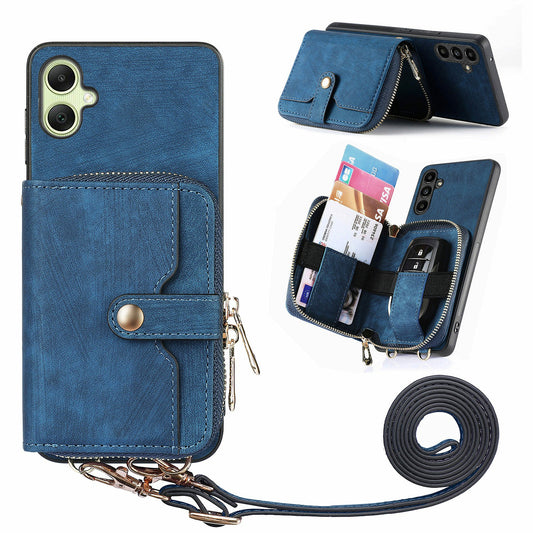 For Samsung Galaxy A06 Case Zipper Wallet Leather Phone Back Cover Kickstand with Shoulder Strap - Blue