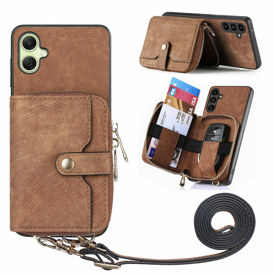 For Samsung Galaxy A06 Case Zipper Wallet Leather Phone Back Cover Kickstand with Shoulder Strap - Brown
