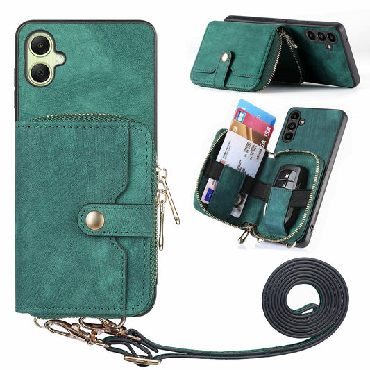 For Samsung Galaxy A06 Case Zipper Wallet Leather Phone Back Cover Kickstand with Shoulder Strap - Green