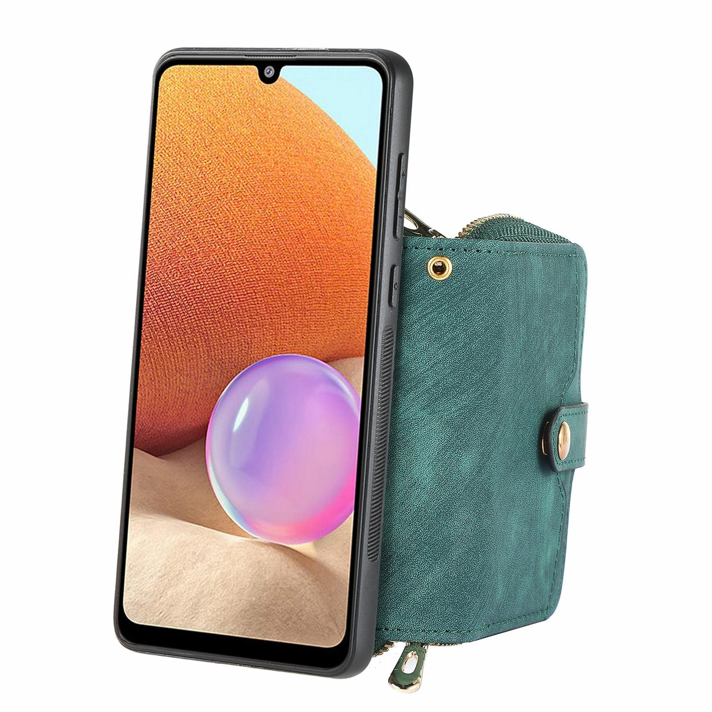 For Samsung Galaxy A06 Case Zipper Wallet Leather Phone Back Cover Kickstand with Shoulder Strap - Green