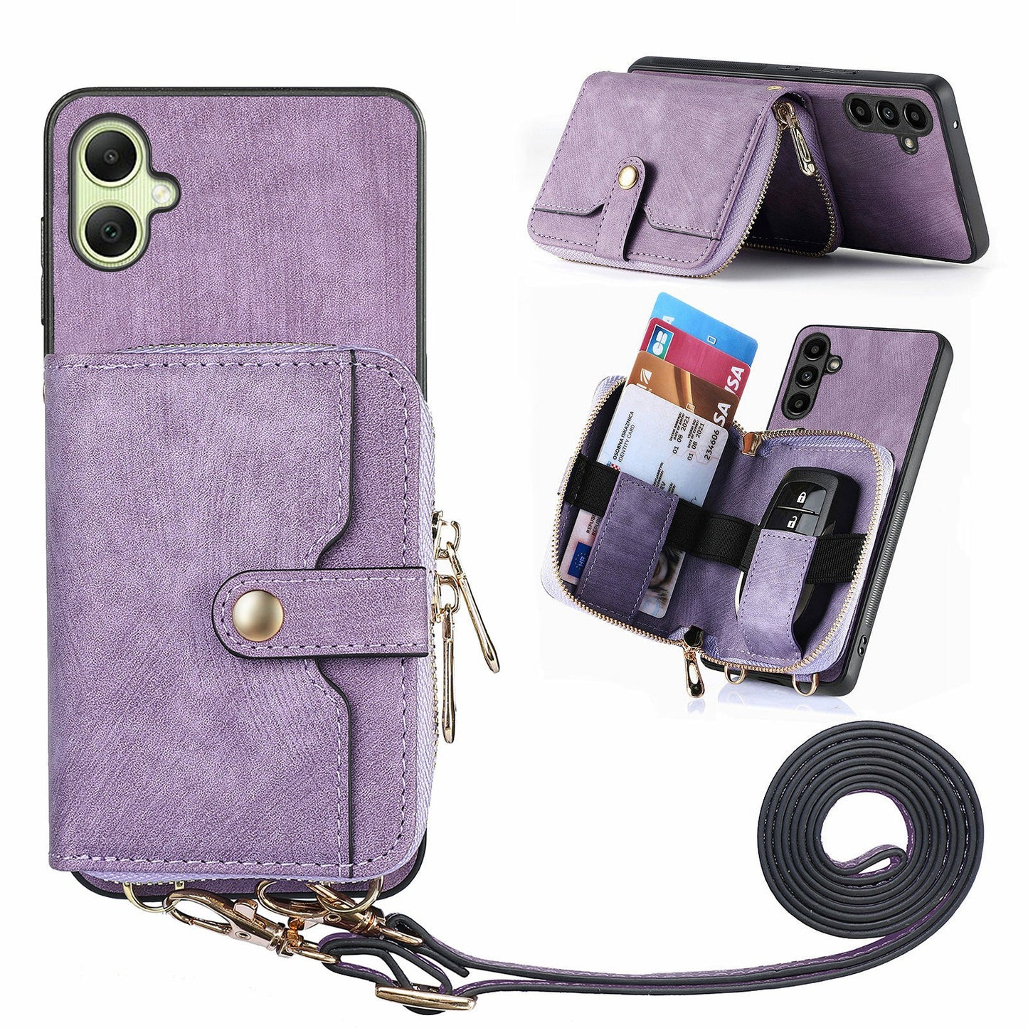 For Samsung Galaxy A06 Case Zipper Wallet Leather Phone Back Cover Kickstand with Shoulder Strap - Purple