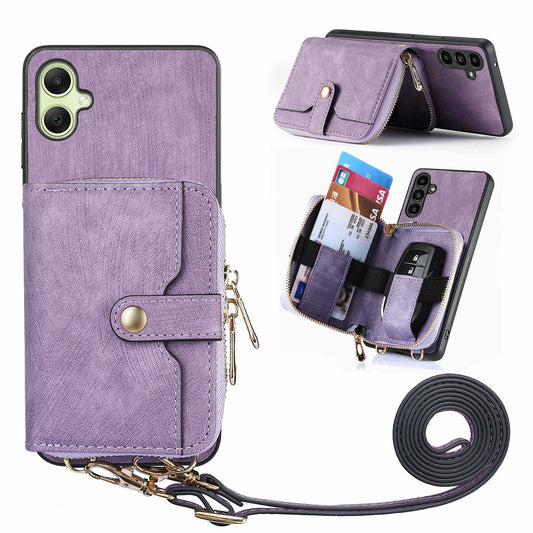 For Samsung Galaxy A06 Case Zipper Wallet Leather Phone Back Cover Kickstand with Shoulder Strap - Purple