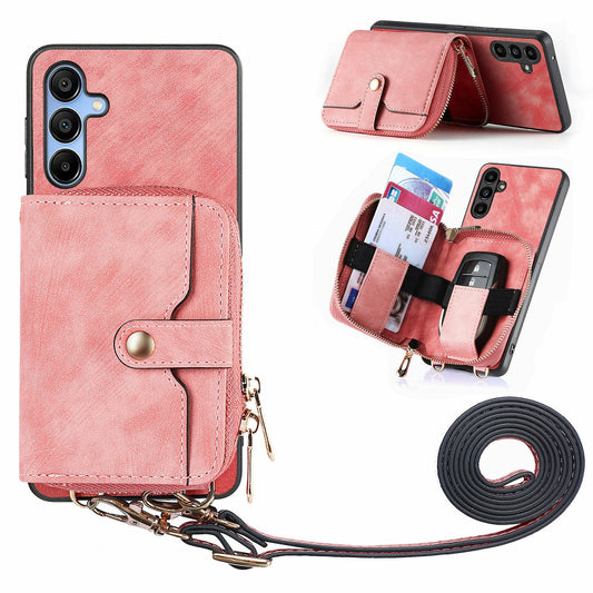 For Samsung Galaxy A16 5G  /  A16 4G Case Zipper Wallet Leather Phone Back Cover Kickstand with Shoulder Strap - Pink