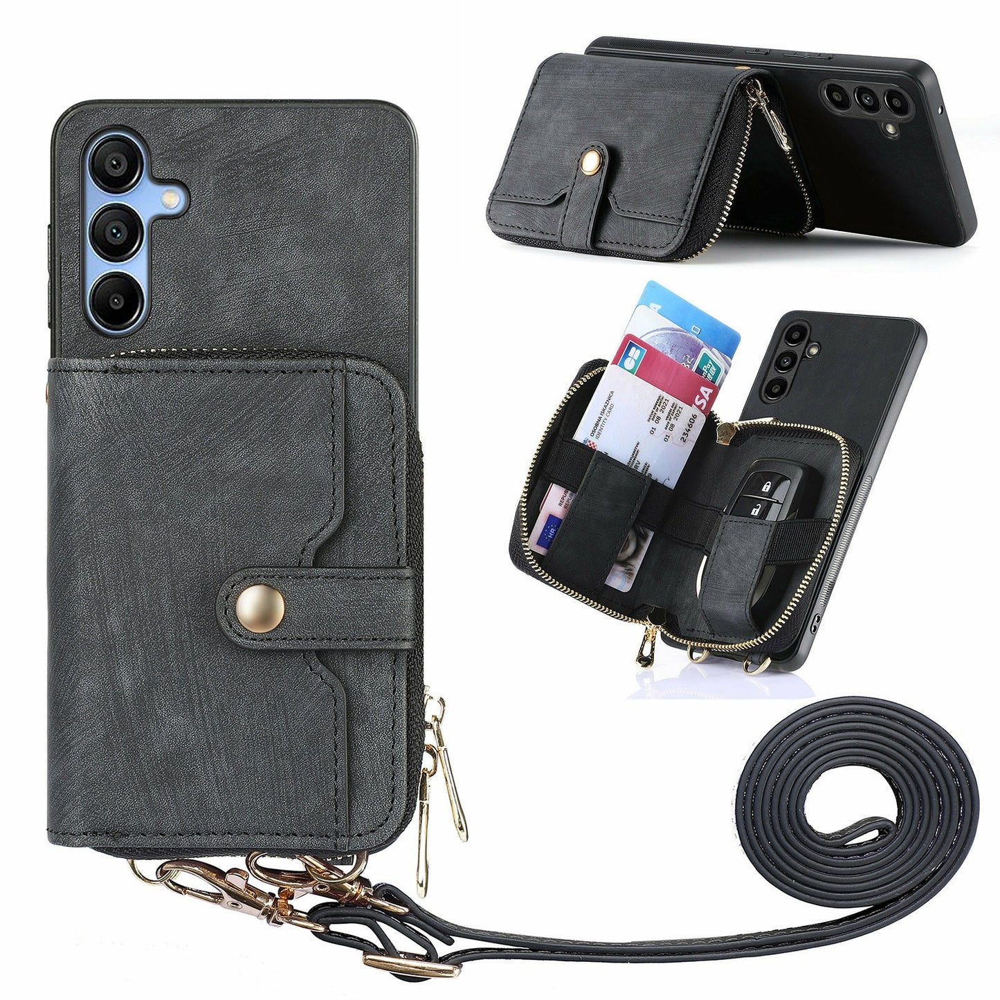 For Samsung Galaxy A16 5G  /  A16 4G Case Zipper Wallet Leather Phone Back Cover Kickstand with Shoulder Strap - Black