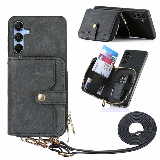 For Samsung Galaxy A16 5G  /  A16 4G Case Zipper Wallet Leather Phone Back Cover Kickstand with Shoulder Strap - Black