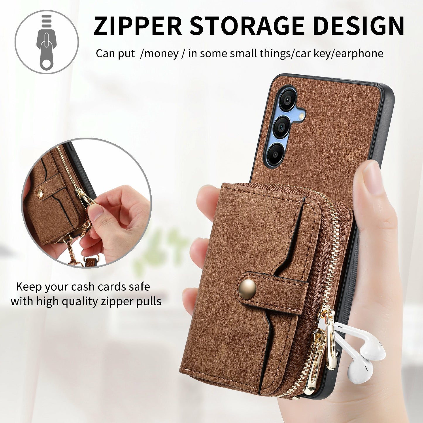 For Samsung Galaxy A16 5G  /  A16 4G Case Zipper Wallet Leather Phone Back Cover Kickstand with Shoulder Strap - Black