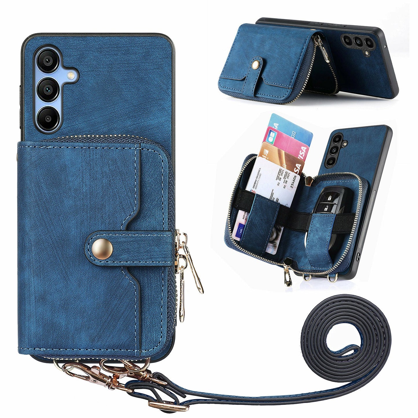 For Samsung Galaxy A16 5G  /  A16 4G Case Zipper Wallet Leather Phone Back Cover Kickstand with Shoulder Strap - Blue