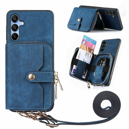 For Samsung Galaxy A16 5G  /  A16 4G Case Zipper Wallet Leather Phone Back Cover Kickstand with Shoulder Strap - Blue