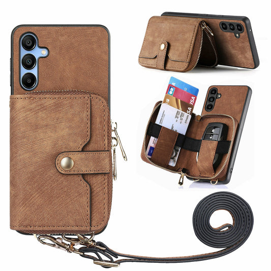 For Samsung Galaxy A16 5G  /  A16 4G Case Zipper Wallet Leather Phone Back Cover Kickstand with Shoulder Strap - Brown