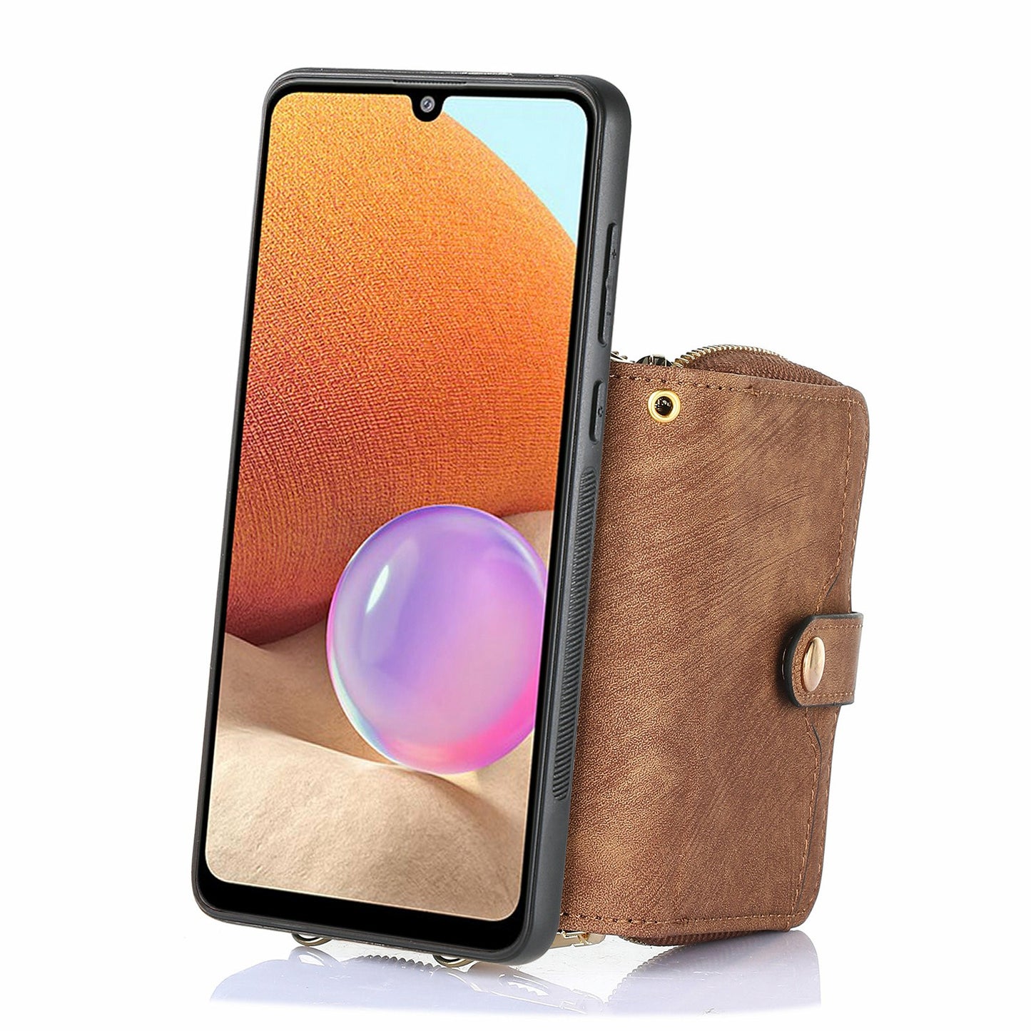 For Samsung Galaxy A16 5G  /  A16 4G Case Zipper Wallet Leather Phone Back Cover Kickstand with Shoulder Strap - Brown