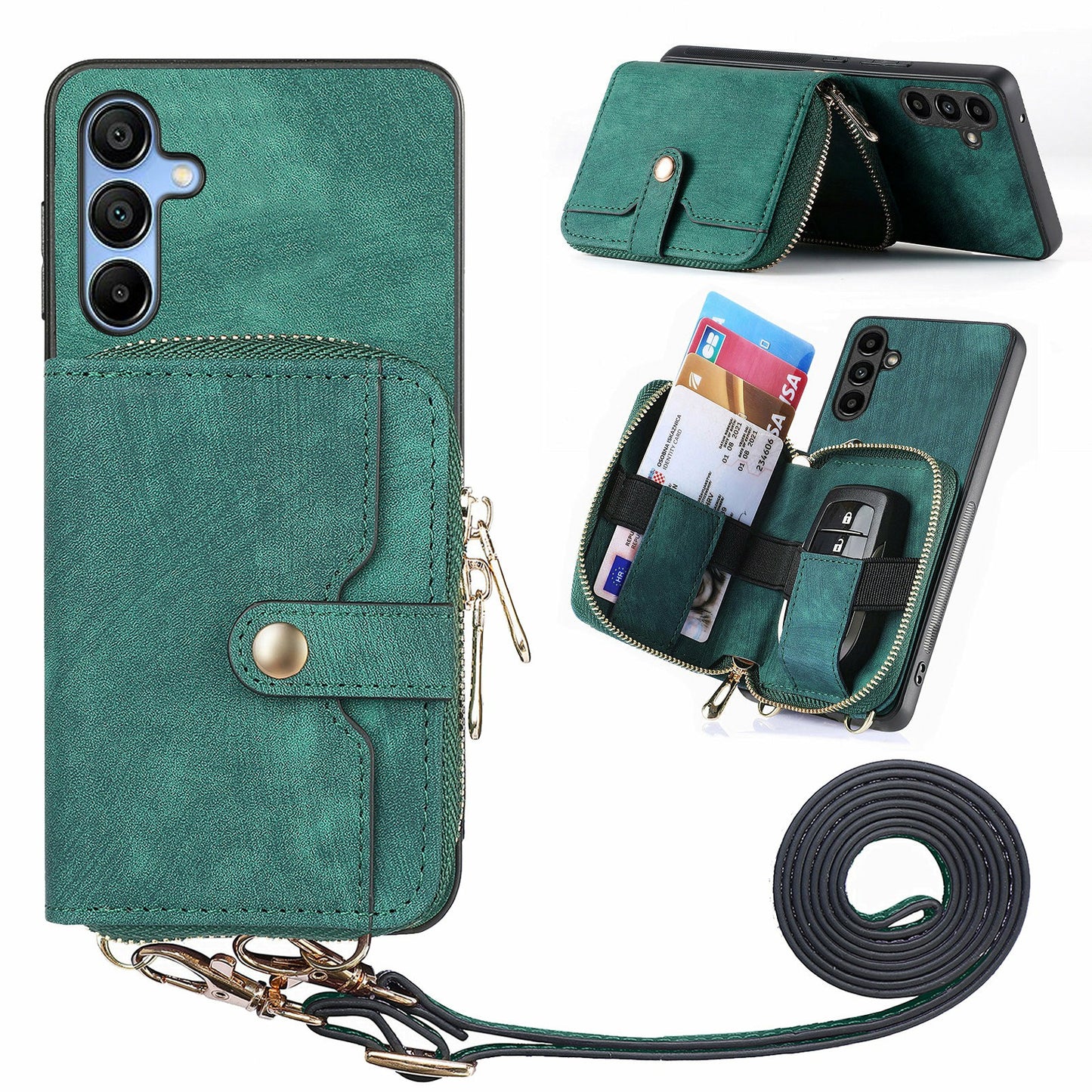 For Samsung Galaxy A16 5G  /  A16 4G Case Zipper Wallet Leather Phone Back Cover Kickstand with Shoulder Strap - Green