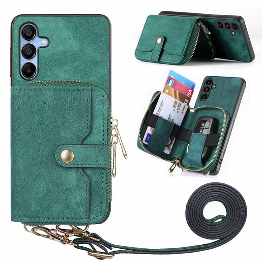 For Samsung Galaxy A16 5G  /  A16 4G Case Zipper Wallet Leather Phone Back Cover Kickstand with Shoulder Strap - Green