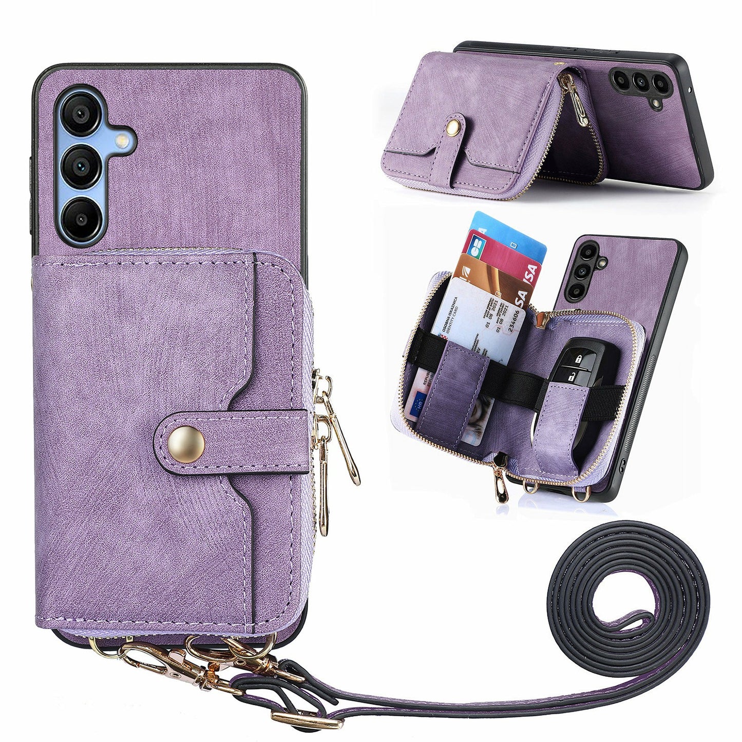 For Samsung Galaxy A16 5G  /  A16 4G Case Zipper Wallet Leather Phone Back Cover Kickstand with Shoulder Strap - Purple